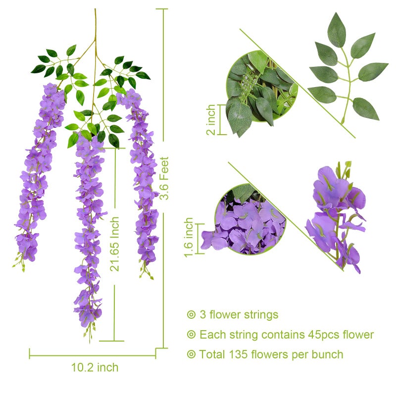 U'Artlines 24 Pack (Total 86.4 Feet) Artificial Fake Wisteria Vine Rattan Hanging Garland Silk Flowers String Home Party Wedding Decor (24, Purple) - Image 2